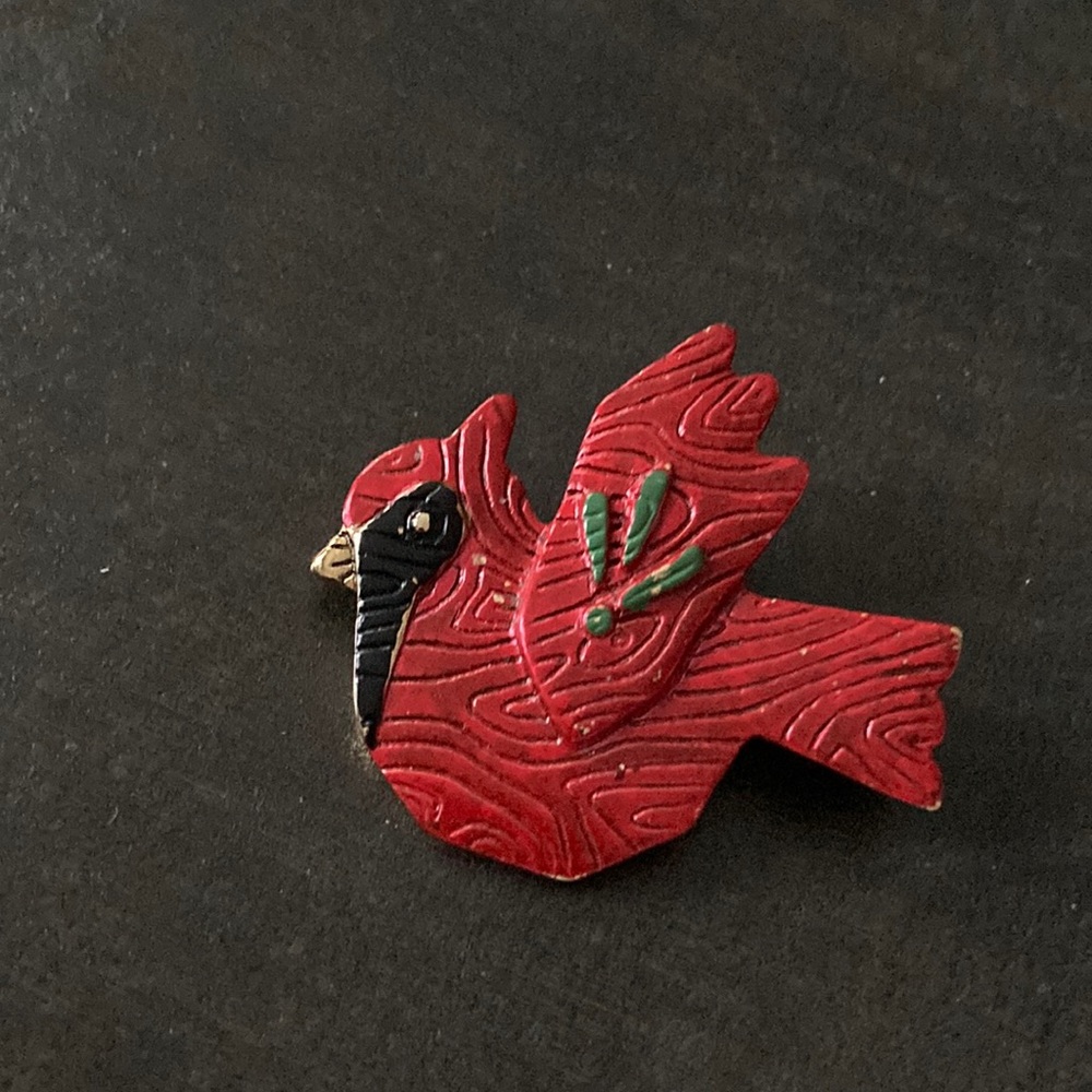 Vintage LF signed red bird metal brooch